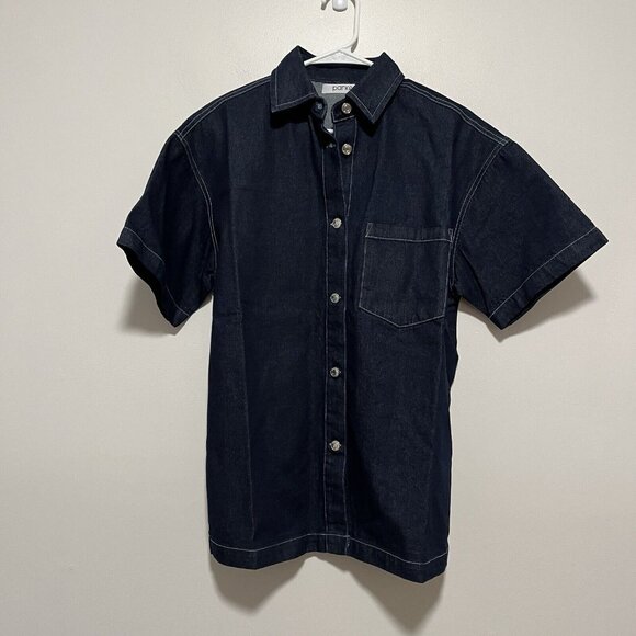 Parke Tops - Parke Dark Wash Denim Short Sleeve Button Down Front Pocket Oversized XS Shirt